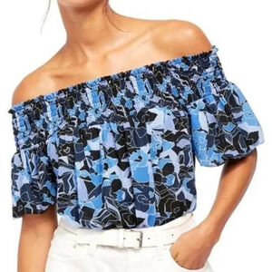 Free People Dark Combo TechniColor Smocked Bubble Crop Top Floral Blue Small